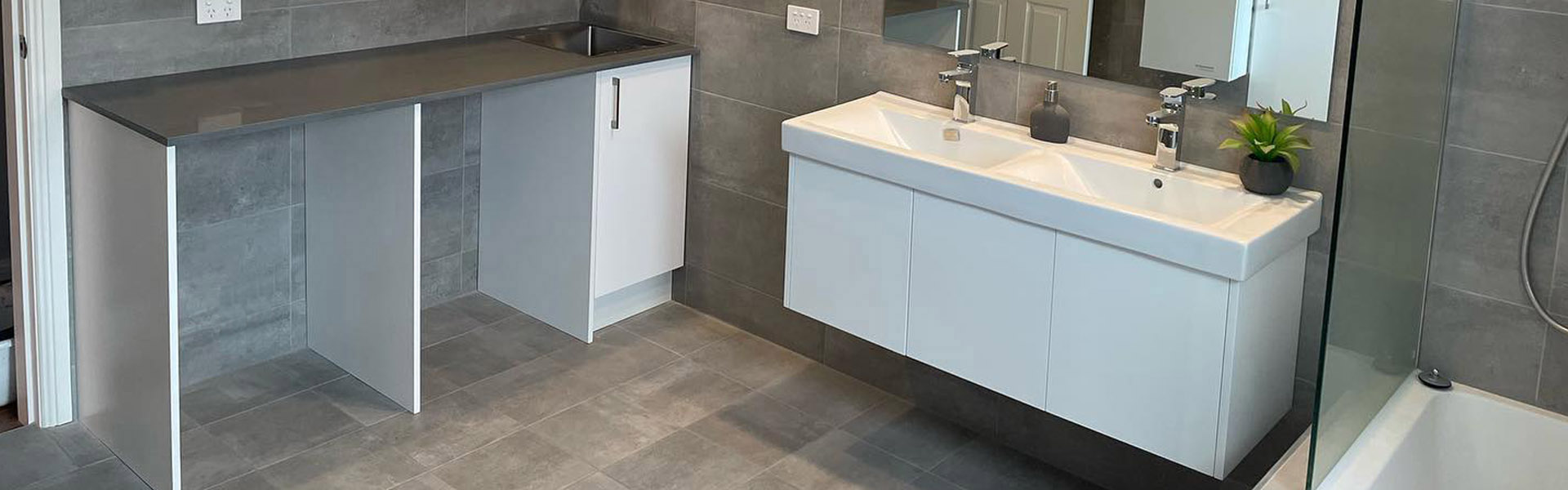 Renovated bathroom with double vanity